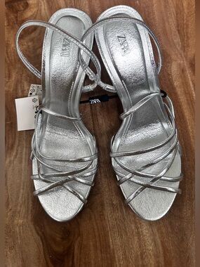 Zara Metallic Silver Strappy Slingback Heels